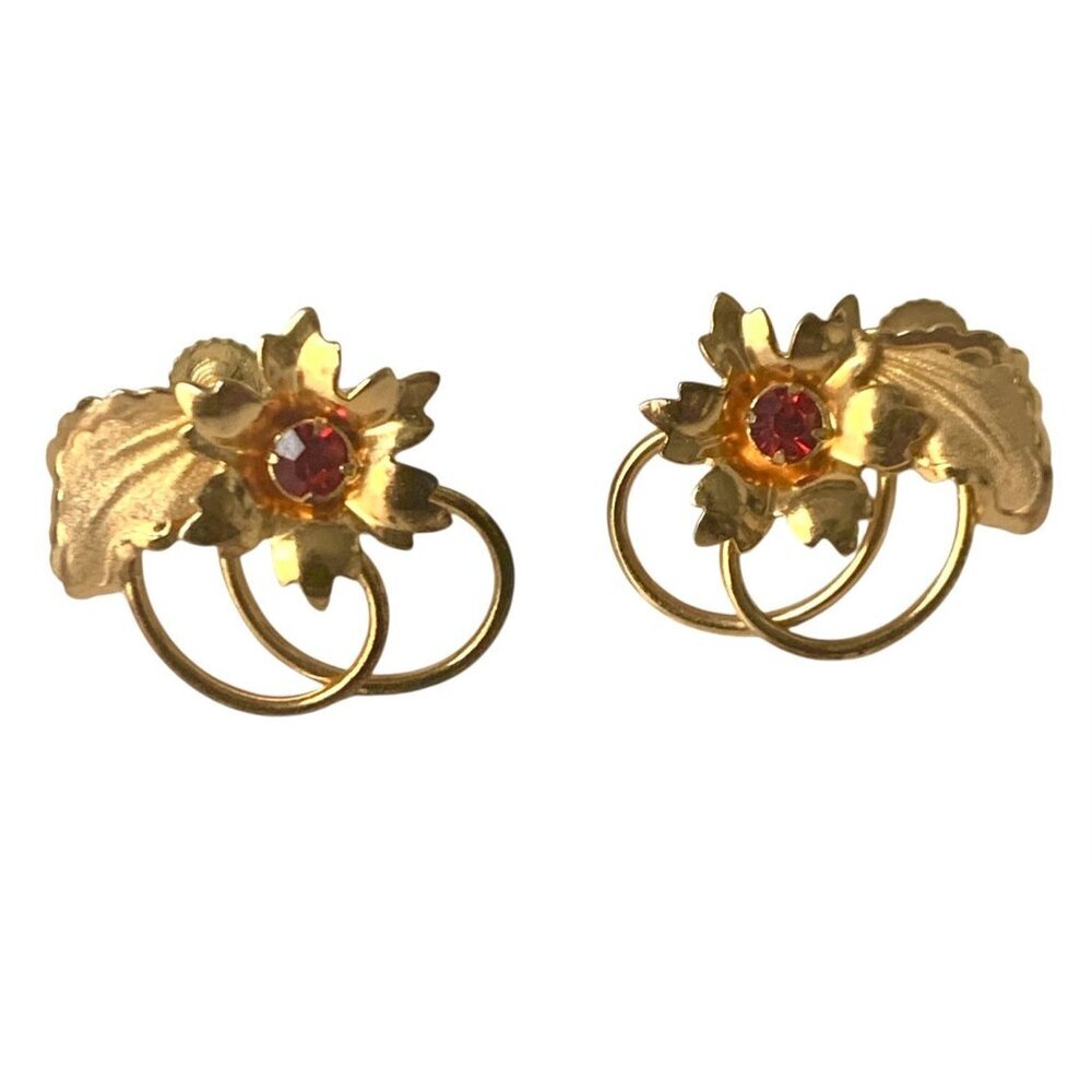 Sterling Red Rhinestone Flower Gold Tone Earrings Screw-Back Vintage
